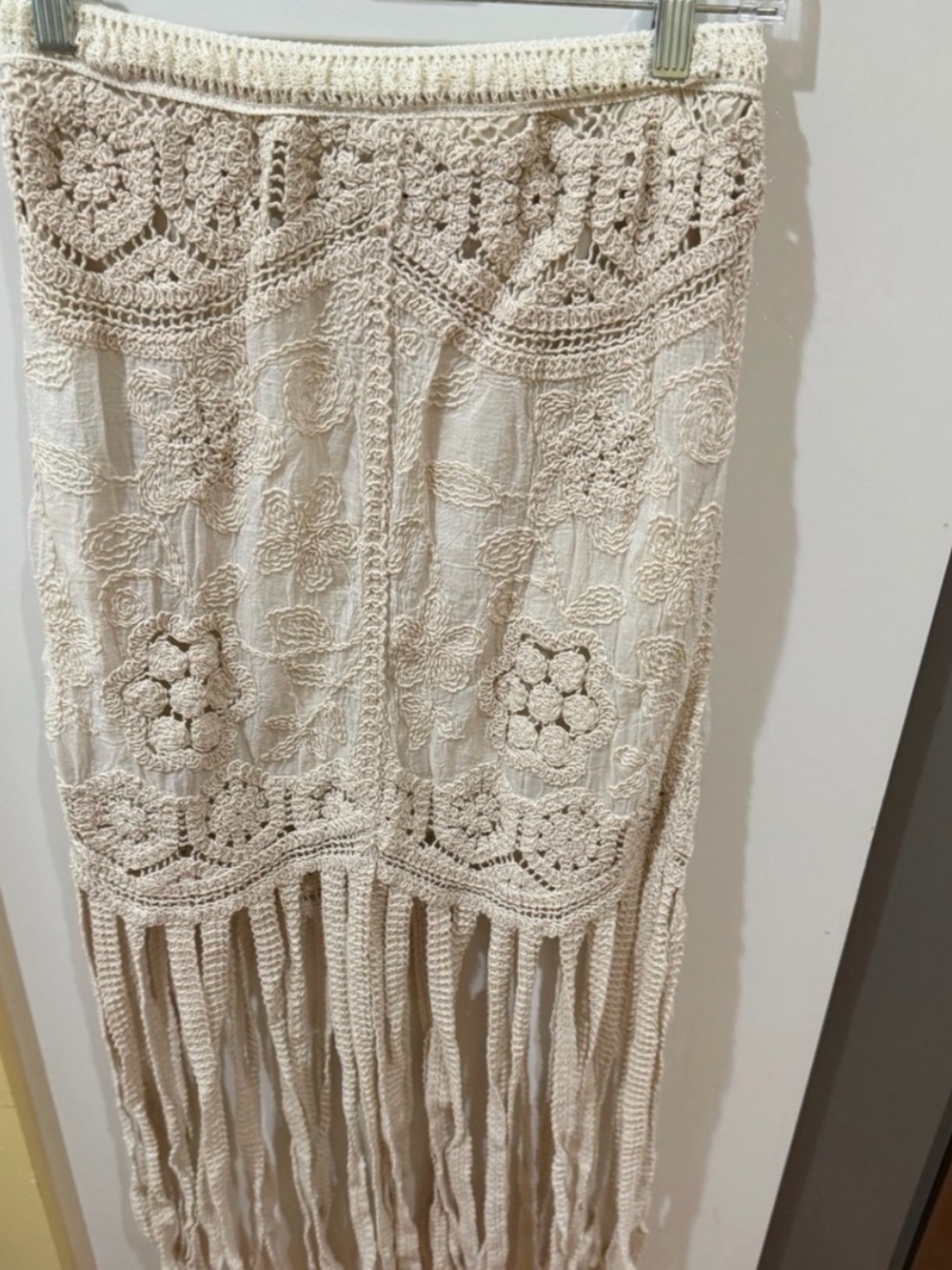 POL Cream Crochet Fringe Maxi Skirt